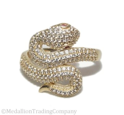 14k Yellow Gold Pave' Encrusted Diamond & Ruby Eyes Snake Ring Serpent Wrap Band - Image 1 of 4