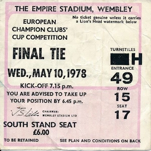 TICKET: EUROPEAN CUP FINAL 1978 Liverpool v FC Bruges Brugge - Picture 1 of 1