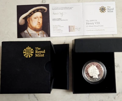 2009 Великобритании король Генрих VIII Piedfort £5 Серебряный доказательство монета с коробкой и сертификатом подлинности - Изображение 1 из 4