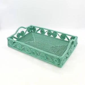 New Swirly Rectangle Large Rattan Tray with Handles-Turquoise-17.7" - Picture 1 of 3