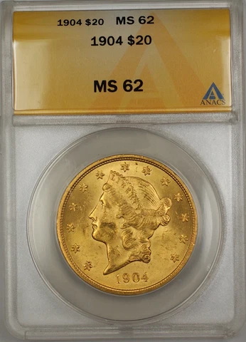 1904 $20 Liberty Double Eagle Gold Coin ANACS MS-62 SB (F) Cover