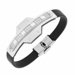 Stainless Steel Black Rubber Silver-Tone White Crystals CZ Mens Bracelet - Picture 1 of 3
