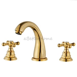 Gold Polished Bathroom Two Handles Wash Basin Mixer Tap 3 Hole Split Sink Faucet - Picture 1 of 8