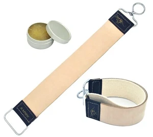 LEATHER STROP BELT STRAP + BALM PASTE SET FOR HONING SMOOTHING STRAIGHT RAZOR - Picture 1 of 3
