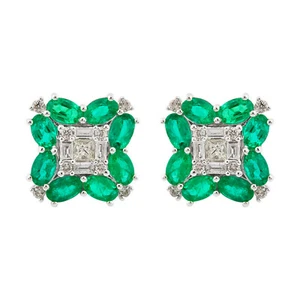 4.11 TCW HI/SI Diamond Zambian Emerald Ear Stud Earrings 10K White Gold Jewelry - Picture 1 of 7