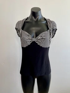 JOSEPH RIBKOFF Black & White Stripe Bow Front Short Sleeve Top Size 8 - Picture 1 of 6