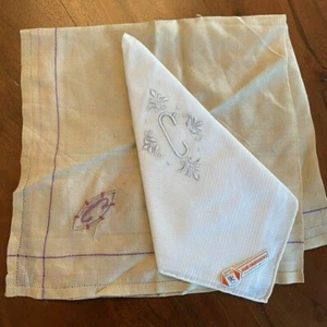 Antique 1920s Mens Hankie Lot MONOGRAM "C" 1 Raw Silk, 1 Cotton NWT Vintage - Picture 1 of 5