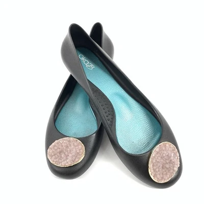 Oka B Taylor Slip On Jelly Ballet Flats Size 8 Womens Black Pink Gem Medallion - Image 1 of 4