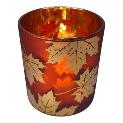 Teelichthalter Glas Herbst verspiegelt Windlicht Blätter rot orange gold Ahorn - Bild 1 von 4
