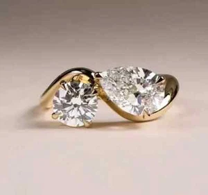2Ct Pear & Round-Cut Moissanite Toi Et Moi Wedding Ring 14k Yellow Gold Plated - Picture 1 of 5