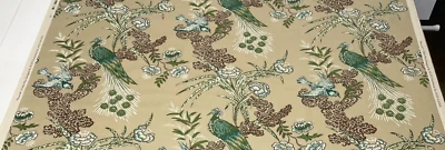 SCHUMACHER PEACOCK BEIGE BIRD MILES REDD DESIGNER CHINTZ FABRIC REM 28"L X 52"W - Image 1 of 4