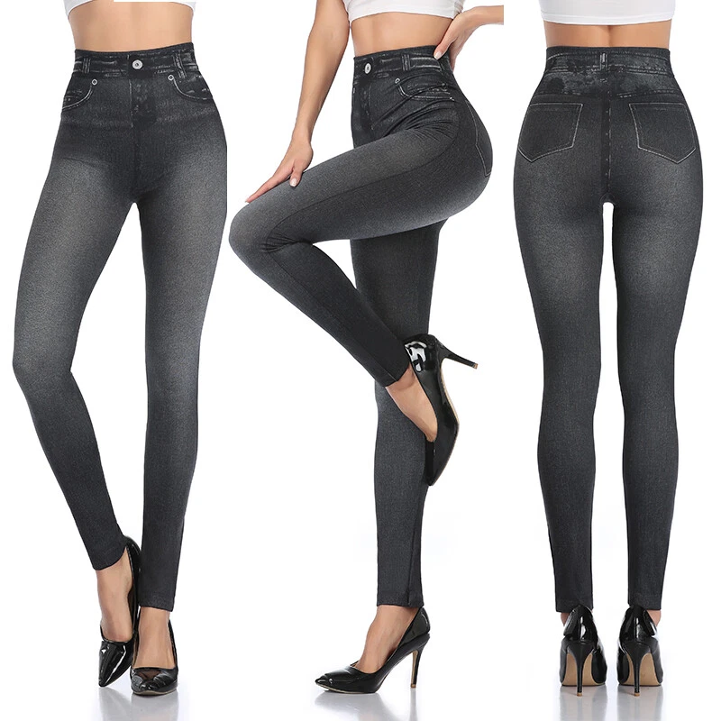 Women Blue Faux Denim Jeans High Waist Skinny Jeggings Leggings Pencil Pants - Image 1 of 4