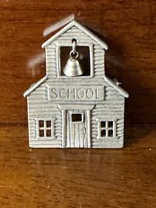 Vintage JJ Jonette Pewter School House Pin Brooch With Bell Dangle Used 1.5 in. - Picture 1 of 4