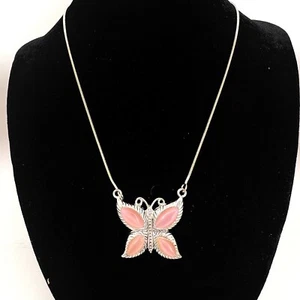 Silver Tone & Faux Pink Cats Eye Butterfly Pendant Necklace Y2K Mini Snake Chain - Picture 1 of 10
