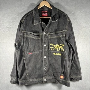 Vintage Y2K JNCO Black Denim Jean Jacket MENS LARGE Urbanomics Crown Logo Fade - Picture 1 of 24