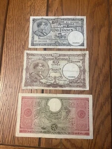Belgium 5 Francs 1938 10 Francs 1944 100 Francs 1943 WWII Era Lot - Picture 1 of 8