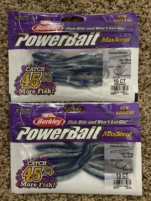 2- BERKLEY POWERBAIT Max aroma nariz plana Minnow 4” espalda azul (¡como gusano plano!) Foto 1 de 2