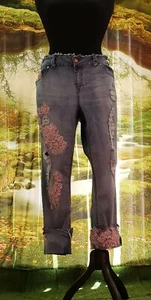 Boho Festival Custom Pink Lace Destroyed Distressed Denim Boyfriend Jeans  - Picture 1 of 11