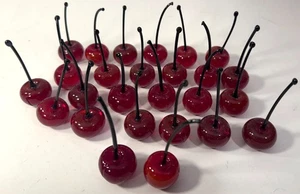 26 Vintage Murano Hand Blown Glass Cherries with Black Stems in Crystal Bowl LOT - Picture 1 of 3