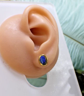 Pendientes dobles de ópalo azul de oro amarillo sólido de 14K con poste ovalado bisel flash verde Foto 1 de 4