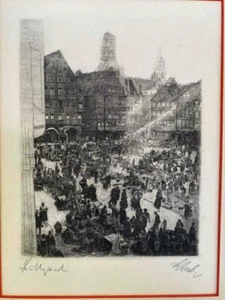 OLD GERMAN ETCHING MARKETPLACE IN STUTTGART SIGNED - Picture 1 of 1