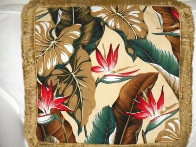 Capa de travesseiro de tecido Barkcloth /ZIPPER /Franja vintage ~Bird of Paradise~ - Imagem 1 de 4