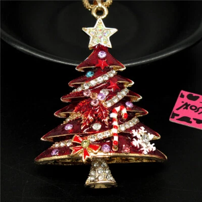 Nuevo Precioso Collar Cadena Esmalte Rojo Árbol de Navidad Cristal Moda Mujeres Foto 1 de 3