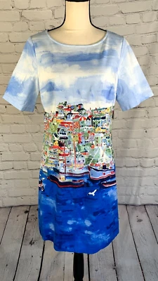 Nuevo con etiquetas Vestido Rafaella Paisaje Marino Costero Usable Arte Manga Corta Cremallera Trasera 10P Foto 1 de 4