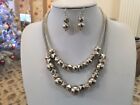 Brand New Silver Tone Mesh Necklace And Earrings With Beautiful Silver Beads