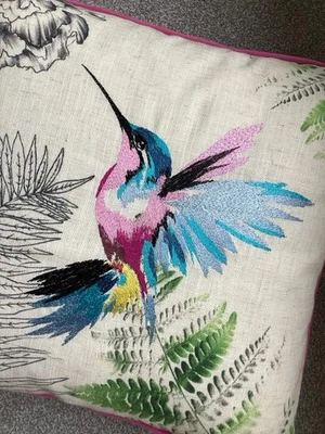 KINGFISHER EMBROIDERED BIRD CUSHION VELVET BACK 45X45CM - Image 1 of 3