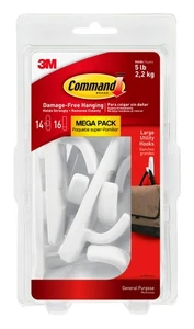 Large Utility Hook Mega Pack, White, 14-Hooks, 16-Strips, Organize Damage-Free - Picture 1 of 9
