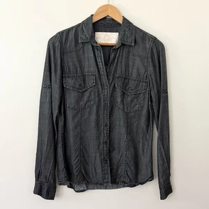 Bella Dahl Charcoal Gray Chambray Long Sleeve Roll Tab Button-Up Shirt Size M - Picture 1 of 8