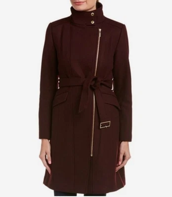 Abrigo de lana Cole Haan para mujer 12 rojo cremallera completa dorado botón a presión cinturón usado en excelente estado Foto 1 de 4