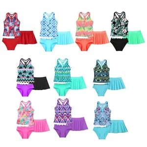 Girls 3 Piece Swimsuit Floral Print Top with Shorts Bottoms Tankini Bathing Suit - Picture 1 of 51