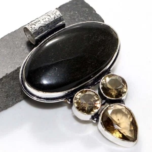 925 Silver Plated Silver Obsidian Smoky Topaz Long Pendant Size 2" JW - Picture 1 of 3