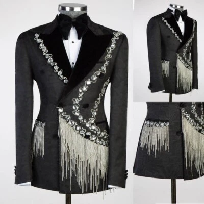 Hombres Traje Negro Cuentas Cristales Borlas Chaqueta Doble Pecho Pico Solapa Fiesta Foto 1 de 4