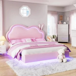 Crown Cute FULL Size Princess Bed Frame for Girls Kid PINK Upholstered Platform - Picture 1 of 6