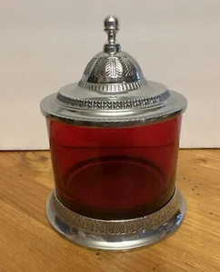 Vintage Red Glass/ Metal Vanity Jar Canister. 6 Inches High, 5 Inches Wide. - Picture 1 of 4