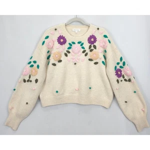 Newbury Kustom Floral Embroidered Sweater Women L Cream Knit Pullover Cottage - Picture 1 of 10