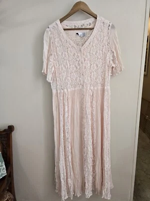 Women's VTG Together Pink Short Sleeve Lace Floral ButtonUp Lined Maxi Dress S10 - Image 1 of 4