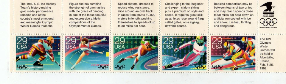 1992 Winter Olympics Plate Block of 5  29c Postage Stamps, Sc#2611-15, MNH - Image 1 of 1