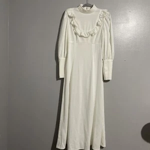 Vintage 70’s White Polyester Maxi Dress Sequin Trim Empire Waist Wedding - Picture 1 of 15