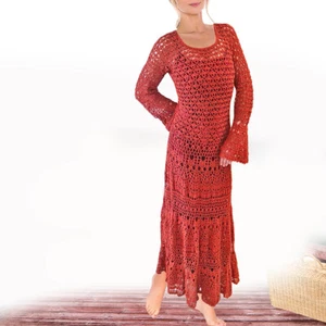 HANDGEHÄKELT Boho Crochet Unikat Stretch Maxikleid Trompetenärmel NEU Gr.42 44 L - Picture 1 of 5