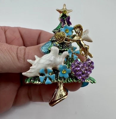 Modern New GT Enamel Rhinestone Dove Christmas Tree Brooch Pin 2.5" - Image 1 of 4