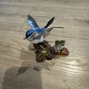 Norman Brumm Enamel on Blue Bird Blue Flower & Leaves W/Drift Wood 4” T 4.5” L - Picture 1 of 8