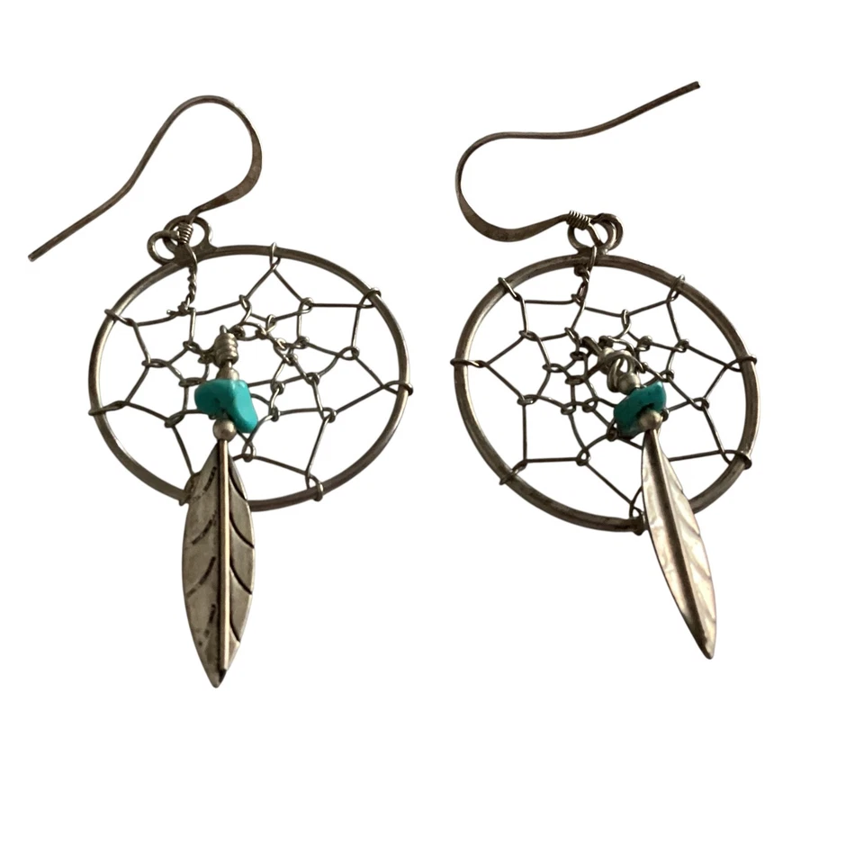 Brincos pendurados nativos americanos turquesa esterlina apanhador de sonhos - Imagem 1 de 4