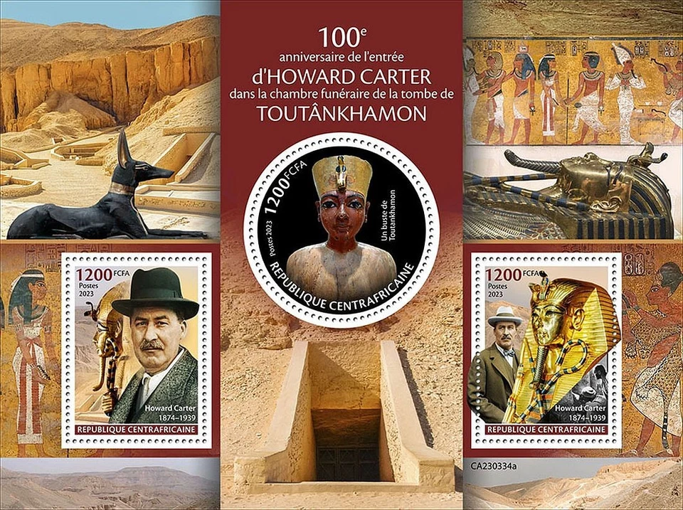 Hoja de estampillas HOWARD CARTER Egipto Faraón REY TUTANKAMÓN (2023 África Central) Foto 1 de 1