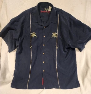 Camicia vintage bambù cay uomo XXL nera ricamata floreale hawaiana aloha casual - Foto 1 di 6