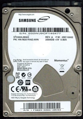 ST2000LM003 P/N: HN-M201RAD/AVN S/N: S32WJ 2BC10002 SAMSUNG 2TB CHINA JAN 2014 - Image 1 of 2