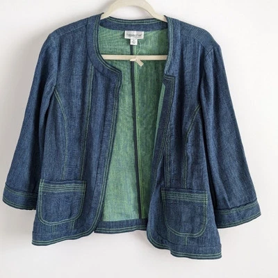 Coldwater Creek Blue Open Front Cropped Linen Blend Jacket P L Denim Look NWOT - Image 1 of 4
